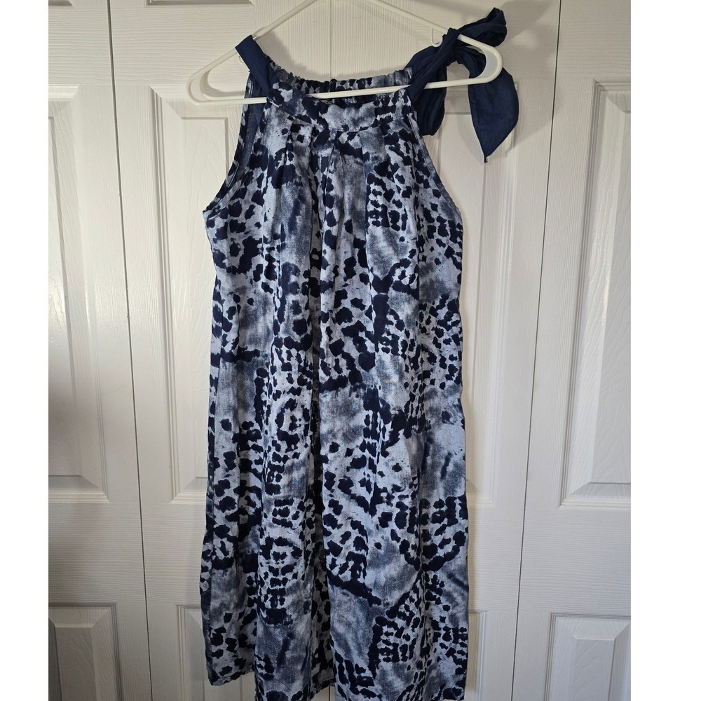 Bellambra Italy Blue White 100% Linen Halter Dress Shoulder Tie ART16567 Size M